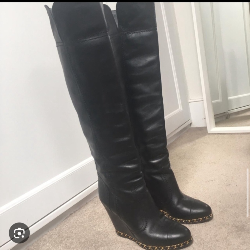 Chanel Knee High Heel Boots, Gold Chain Link Trim
